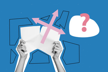 Trend artwork template design 3d collage sketch of human hands hold question mark bubble map lost way arrow difficulty problem