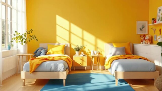 Bright yellow children's bedroom with twin beds and playful decor