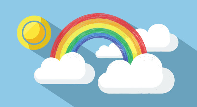Colorful rainbow and sun with fluffy clouds on a sunny day in pastel crayon style
