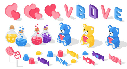 Isometric valentine's day elements: bears, hearts, candy, and letters