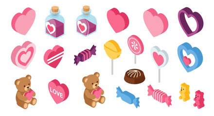 Isometric candy hearts and teddy bears for valentine's day