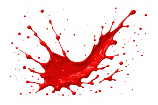 Red paint splash exploding with liquid droplets flying, creating an abstract and vibrant background element