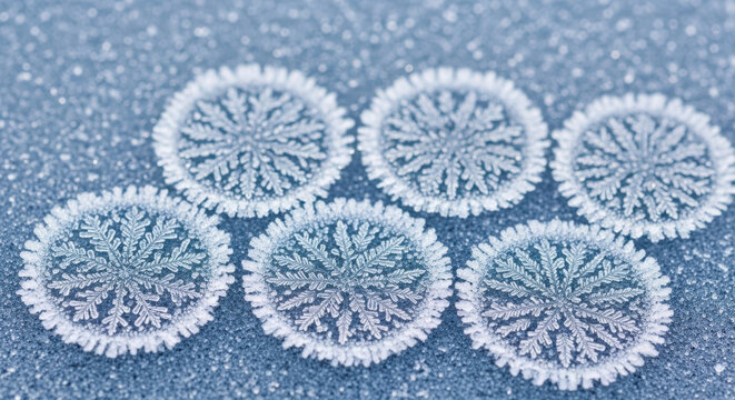 Delicate snowflakes create beautiful winter pattern on frosty surface, evoking serene atmosphere