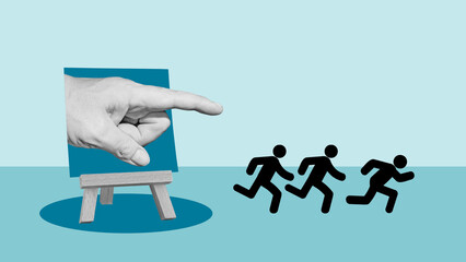 Adaptive Leadership and Competition with competitive advantage are shown by People run following the hand indicating direction