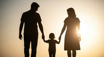cutout silhouettes of parents and child holding hands, soft backlight glow
