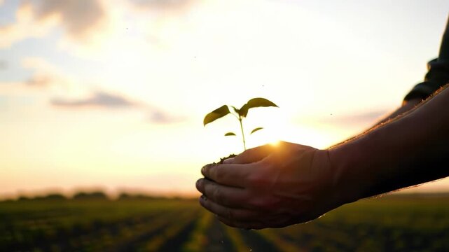 Farmer holding a young plant in his hands at sunset in a cultivated field