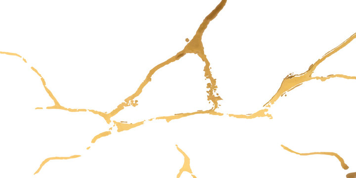 Elegant gold kintsugi crack pattern on white background abstract texture.