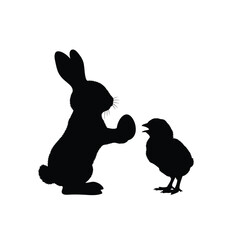 Easter bunny offering egg to chick silhouette