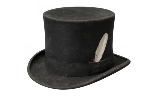 Black old top hat with white feather, symbolizing magic, elegance, retro fashion, and vintage style, transparent background - Powered by Adobe