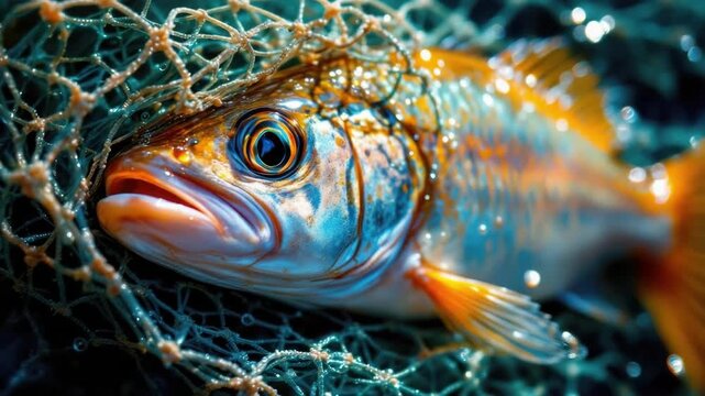Vibrant orange and blue fish in a tangled fishing net