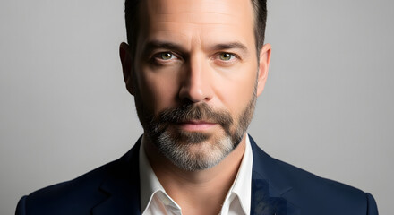 Captivating Portrait: A close-up shot of a distinguished gentleman, exuding an air of sophistication, gaze meeting the lens with piercing intensity.