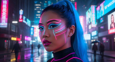 Neon Luminescence in Urban Night: A woman with electric blue hair, adorned with vibrant neon makeup, gazes thoughtfully. The scene, awash in the glow of city lights, epitomizes futuristic aesthetics.