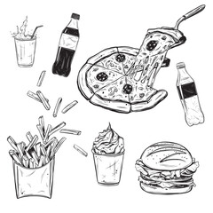 Hand drawn burger, salad and pizza. French fries in cardboard box and ice-cream. Vector sketch illustration in vintage style bottle of and a glass of lemonade. Set Fast food elements for menu design