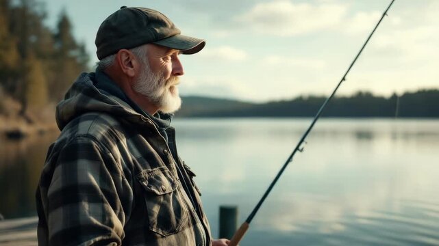 Elderly caucasian man fishing by lake in autumn sunrise