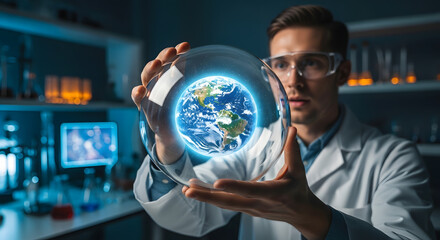 Scientist with Globe: A focused scientist, garbed in a pristine lab coat and protective eyewear, delicately cradles a luminous globe of Earth.
