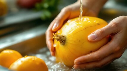 Close-up of hands washing a fresh onion under running water in kitchen sink