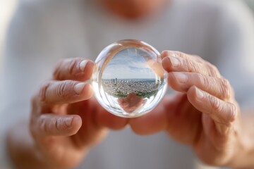 Reflected cityscape in a glass sphere