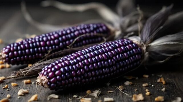 Close-up of fresh purple corn cobs on rustic wooden surface