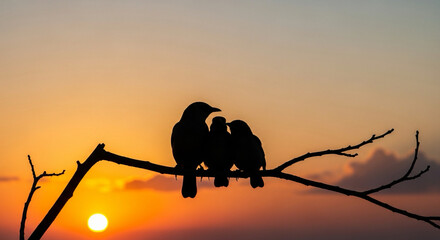 family of birds sitting together on a branch, silhouettes against warm sky