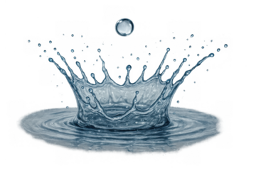 Falling water drop creating impact splash and crown shape with concentric ripples, isolated on transparent background