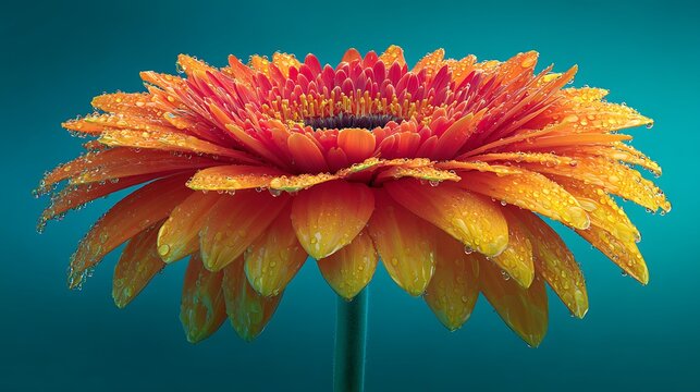 Vibrant orange and yellow gerbera daisy with water droplets against a teal background