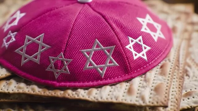 Matzah crackers and a pink kippah with star of david for passover