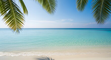 Tropical beach with turquoise water, palm leaves partially framing the shot