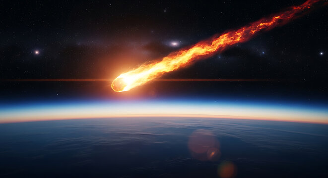 Fiery meteor blazing across Earth's atmosphere at sunset, a stunning space event, dramatic celestial scene creating cosmic wonder, perfect for science education and futuristic concepts