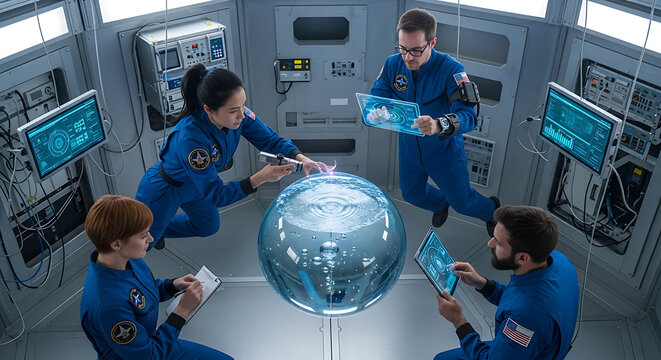 Visionary team of astronauts examining water sample in zero gravity laboratory for space exploration research and advanced life support technologies during future mission