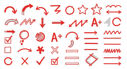 Red hand-drawn arrow and symbol collection: simple icons for creative design