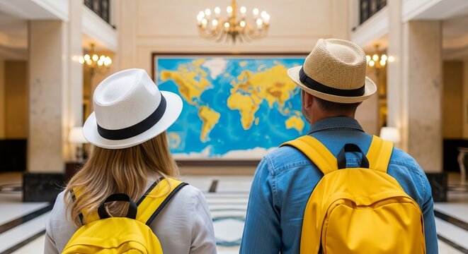 Couple dreaming of global travel adventures with yellow backpacks in elegant hotel lobby with world map - Powered by Adobe