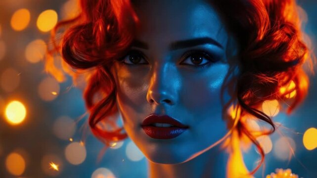 Young caucasian woman with red hair in dramatic lighting and bokeh effect