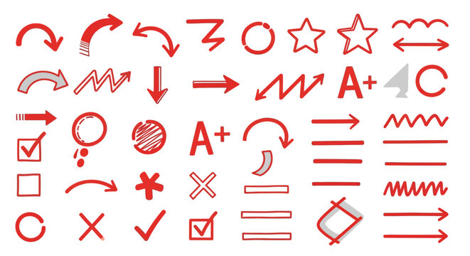 Red hand-drawn arrow and symbol collection: simple icons for creative design