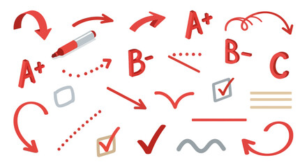 Red grading symbols and arrows in 3d style for academic and design projects