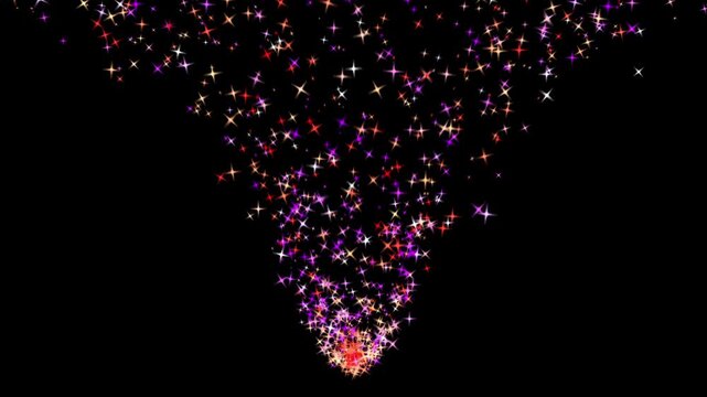 Magical animation of multicolored stars in a fountain motion, from bottom to top and falling to the sides when it reaches the top of the screen. Ideal for celebrations.