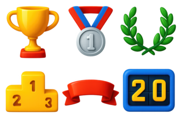Set of sports icons including a trophy, a medal, a ribbon, and a number 20