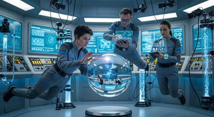 Innovative team exploring future technology with interactive display in futuristic laboratory, imagine the possibilities for research, development, and scientific advancement in this dynamic scene