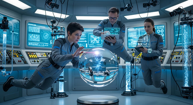 Innovative team exploring future technology with interactive display in futuristic laboratory, imagine the possibilities for research, development, and scientific advancement in this dynamic scene