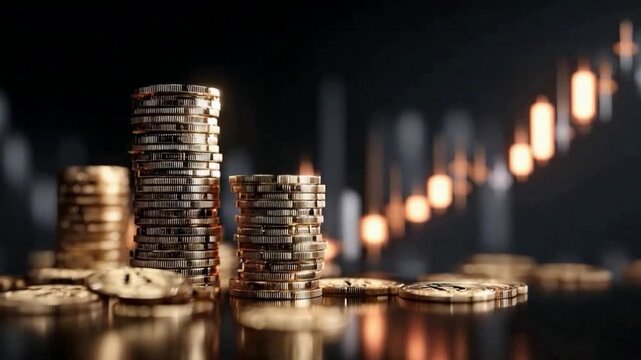 Financial Fortress: An artful arrangement of gold coins forms a strong financial base, against the backdrop of a rising graph, signifying financial growth, opportunity, and economic prosperity.
