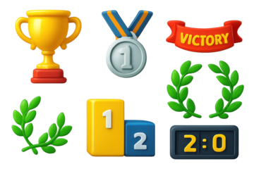Set of sports symbols including a trophy, a medal, and a victory banner