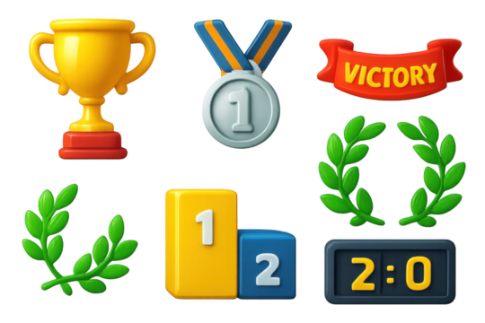 Set of sports symbols including a trophy, a medal, and a victory banner - Powered by Adobe