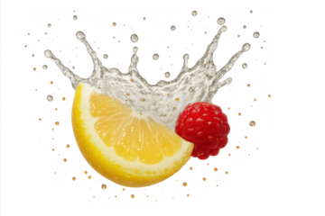 Lemon slice and raspberry splashing into clear water, creating a refreshing burst of fruit freshness on transparent background