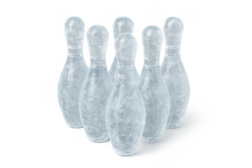 Ice bowling pins standing in formation, concept of frozen winter sports and cold recreational game challenge on transparent background