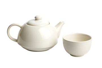 Elegant white teapot and cup still life on white background