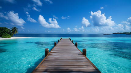 Obraz premium Wooden Pier on Turquoise Water Leading to Tropical Island Paradise