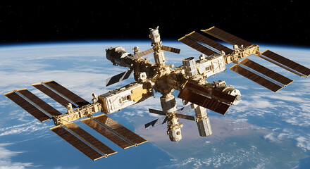 Spectacular orbiting space station against Earth's horizon offers a glimpse into the future of space exploration and scientific discovery, a symbol of international collaboration and innovation