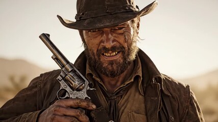 A tough gunslinger stands confidently in the bright desert sun, gripping a revolver. The vast landscape stretches behind him, hinting at untold stories of the Wild West.