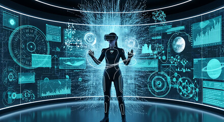 Step into the future with this captivating VR experience, a modern woman exploring holographic data in a sleek digital environment, perfect for showcasing innovation and technological advancement