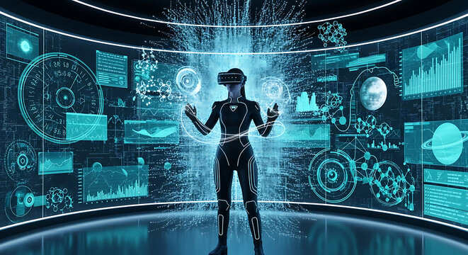 Step into the future with this captivating VR experience, a modern woman exploring holographic data in a sleek digital environment, perfect for showcasing innovation and technological advancement - Powered by Adobe