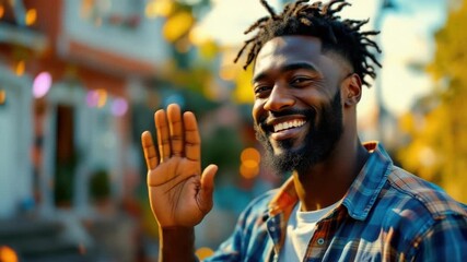 Smiling african adult man outdoors waving in autumn setting